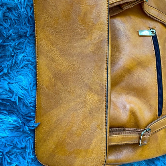 Vegan Leather Backpack Handbag. Unbranded. EUC. Gold Hardware, BRN/Mustard Color - Picture 7 of 8